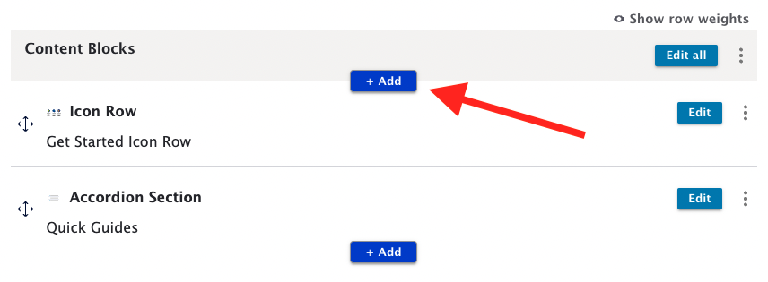 Admin interface to add content blocks to a page, with an "Add" button in the center