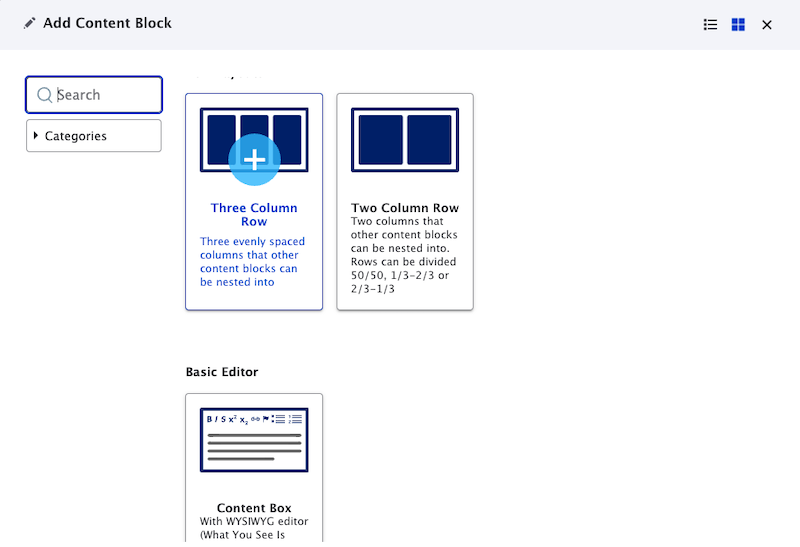 Add Content Block modal window showing the list of available content blocks for users to select from