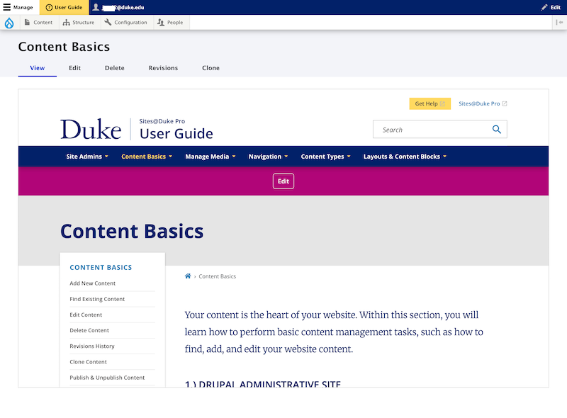 Preview pane of Content Basics webpage