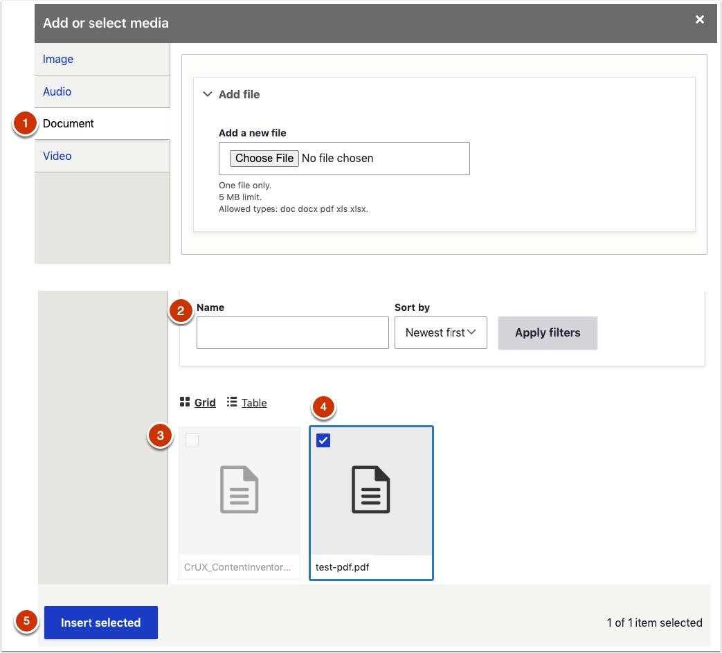 Screenshot of Add Select Media panel. Document Tab is selected. Add a new file field is visible. Below that there is a Name field to search for existing documents. The Apply filters button allows you to filter the results. The results on the bottom can be selected via a checkbox.