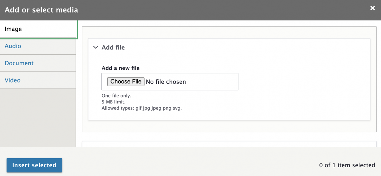 Screenshot of Add Select Media panel. Image Tab is selected. Add a new file filed is available. Insert selected button is at the bottom of the panel.