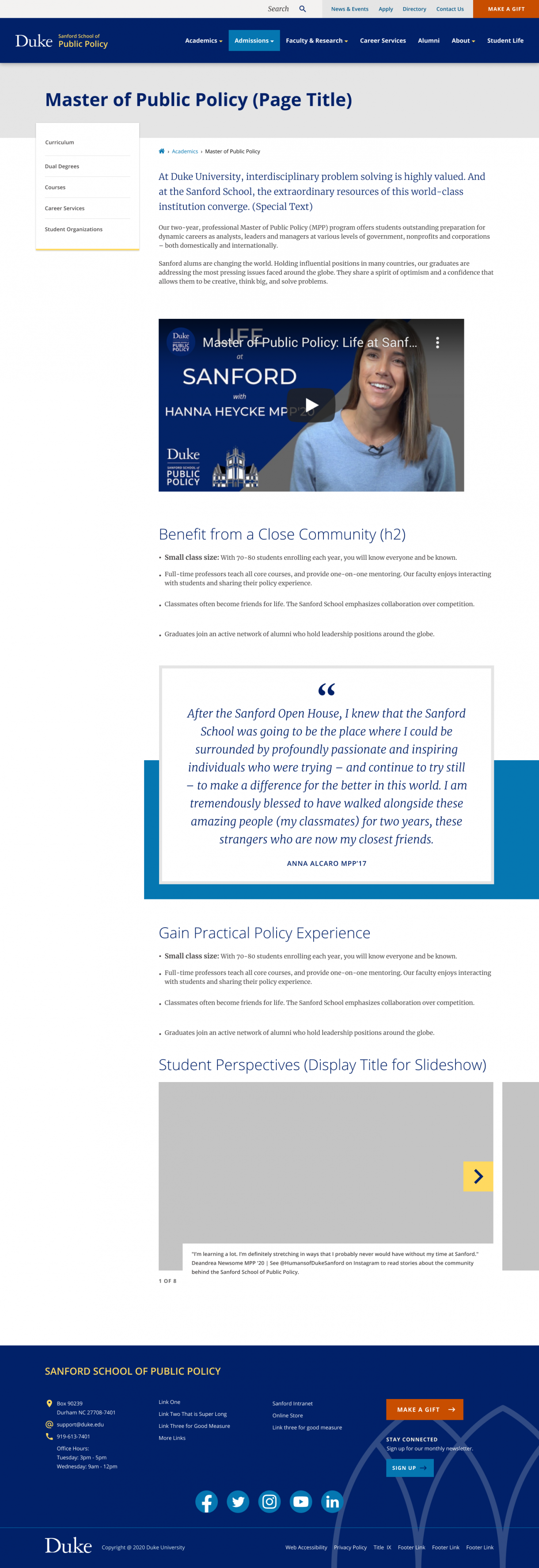 Screenshot of an example Page with no hero image that shows text, a video, and a slideshow