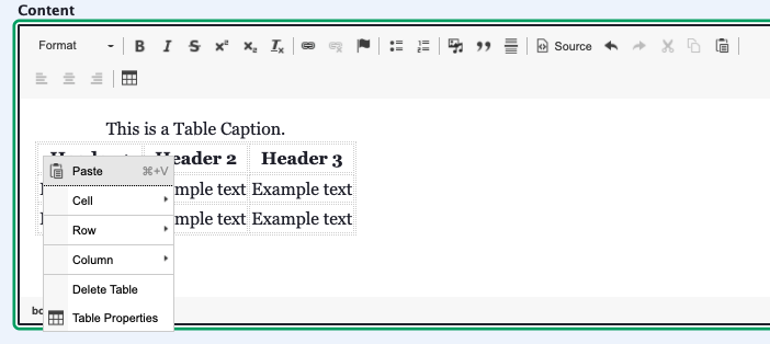 Screenshot showing how to edit a Table