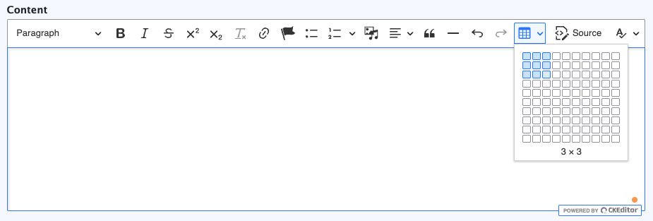 Screenshot of WYSIWYG Editor showing options available, showing Table icon selected