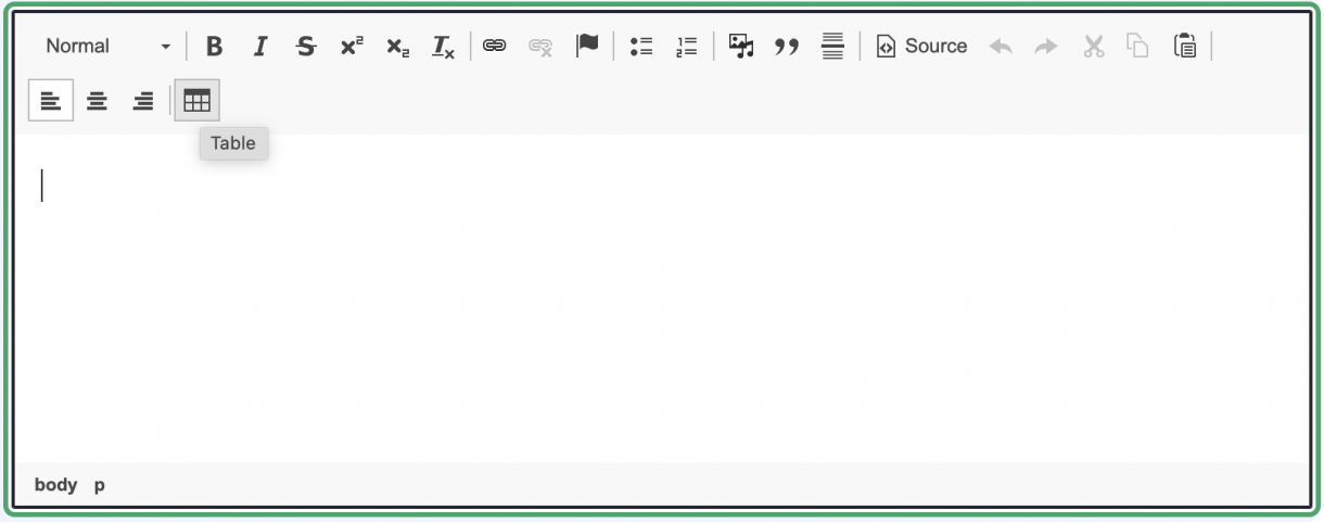 Screenshot of WYSIWYG Editor showing options available, showing Table icon selected