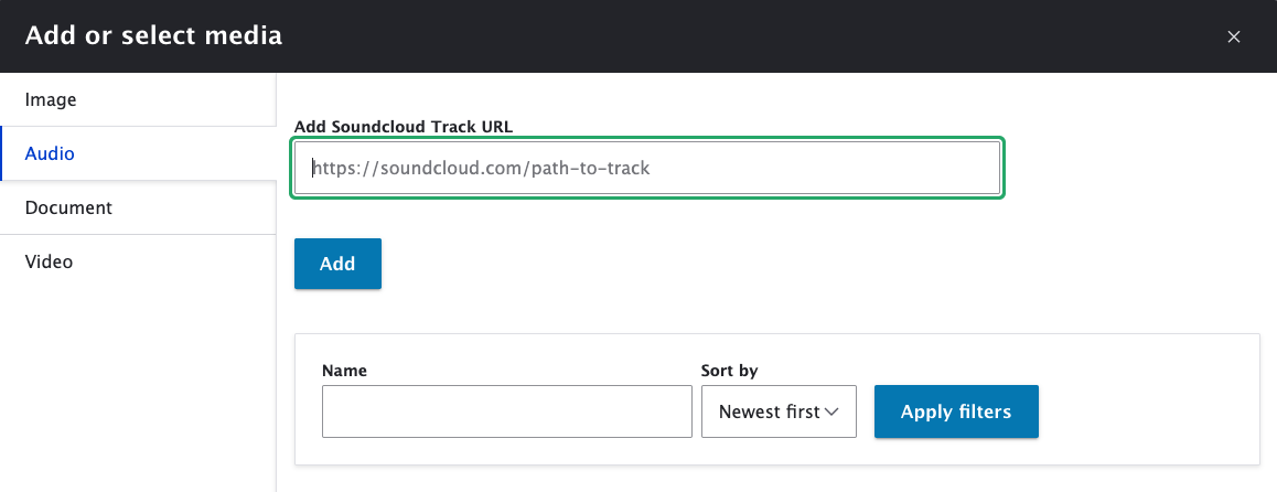 Add or select media: audio file from SoundCloud