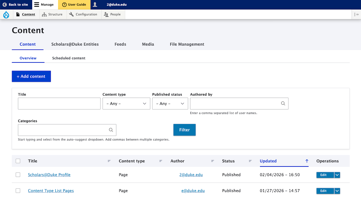Screenshot of the Content page showing filters and sorting options