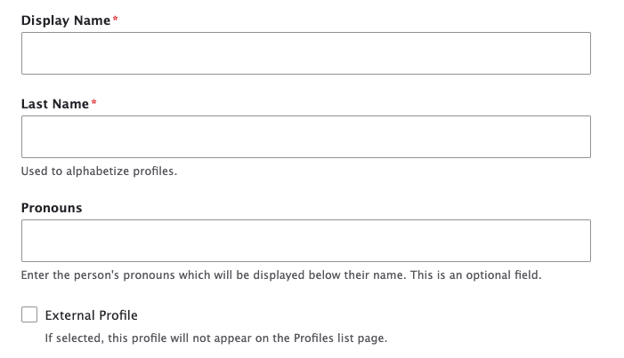 Add a Profile: Display Name, Last Name, Pronouns field