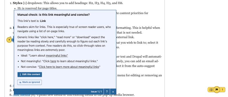 Accessibility checker in a WYSIWYG field