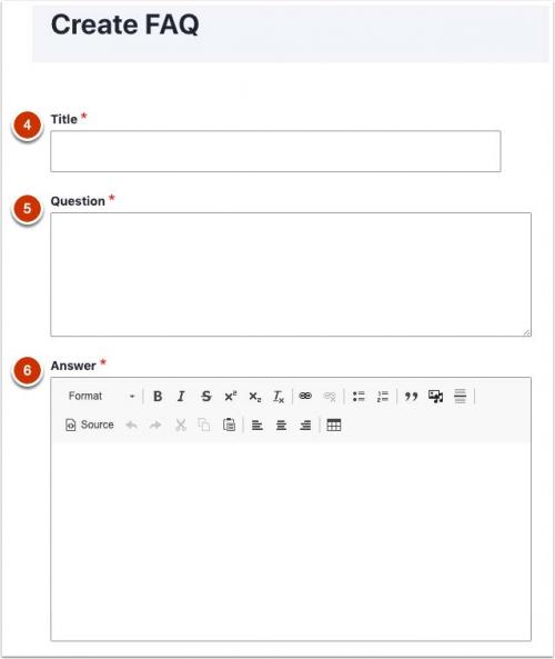 Screenshot of Create Frequently asked question FAQ interface with Title, Question, and Answer fields.