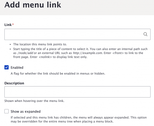 Screenshot of fields on the Add menu link page