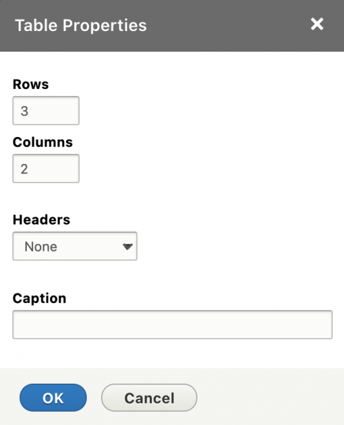 screenshot of Table Properties in Drupal