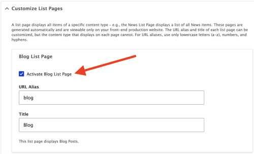 Checkbox labeled "Activate Blog List Page" under the Customize List Page header